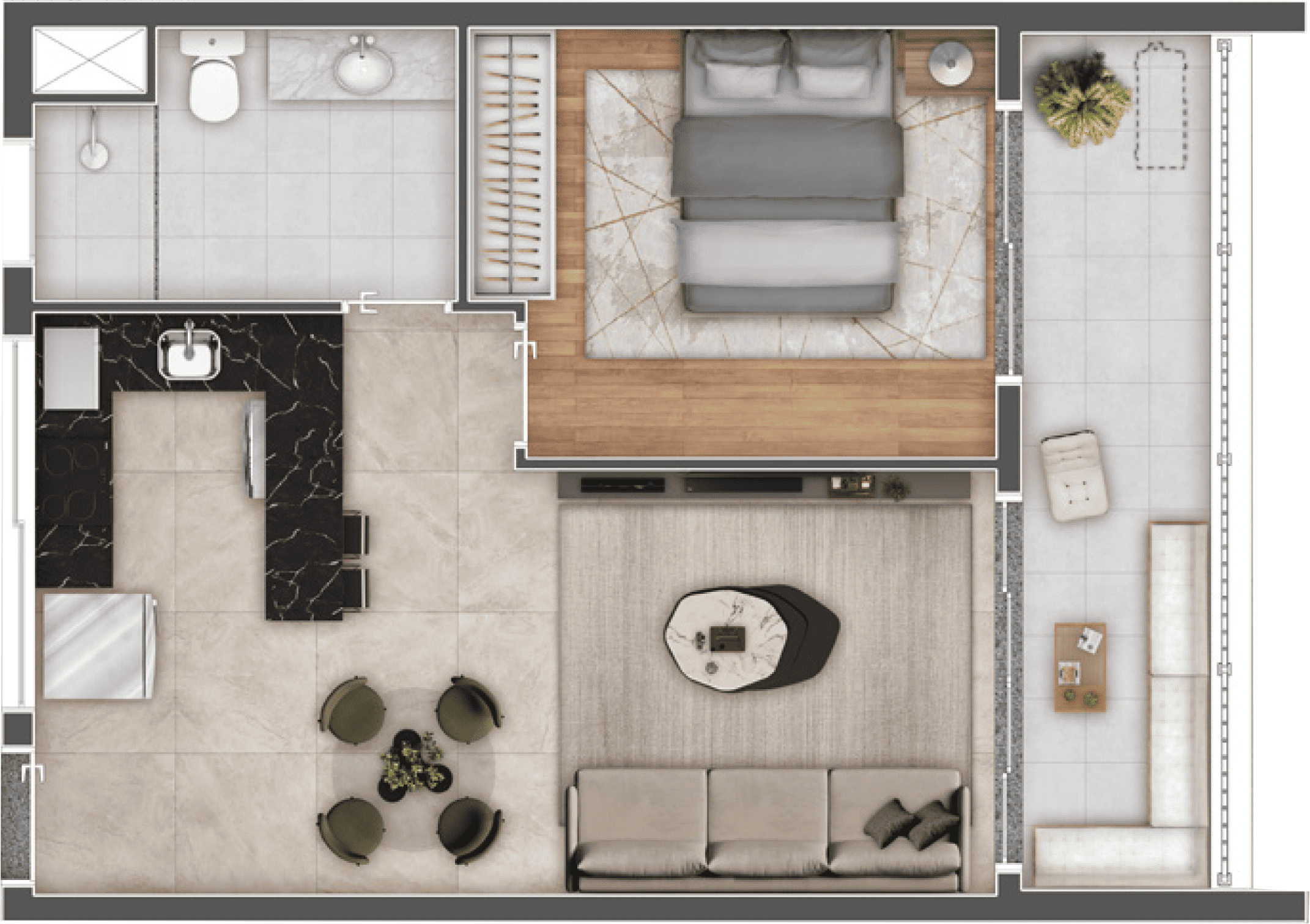 Com Varanda 1 dorm 45 m2